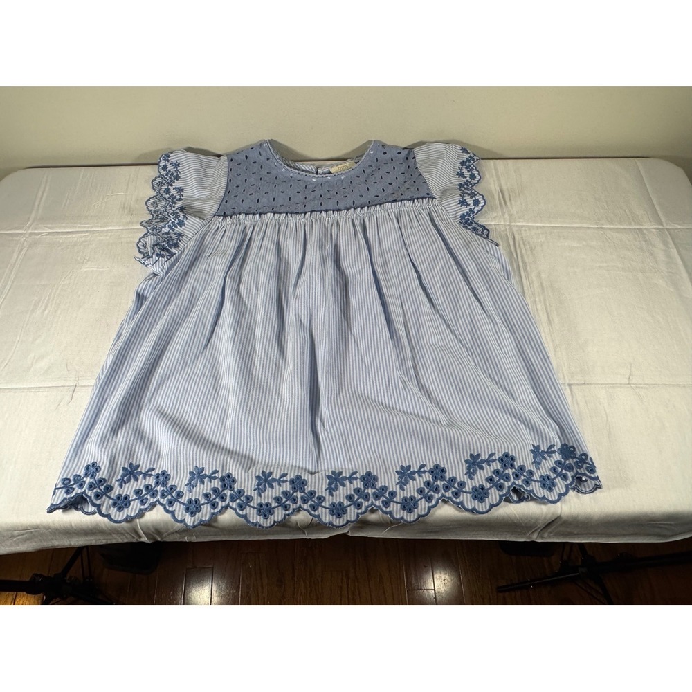 Oddi Blue White Striped Eyelet Lace Embroidered Babydoll Top Large